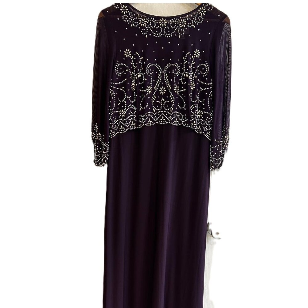 Jackie Jon Women's  Maxi Gown Eggplant Beaded 3/4 Sleeve Dress
